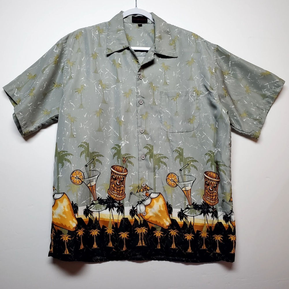 Hawaiian Tiki Shirt Men's XL Gray Palm Trees Border Print Retro Aloha‎ Cocktail